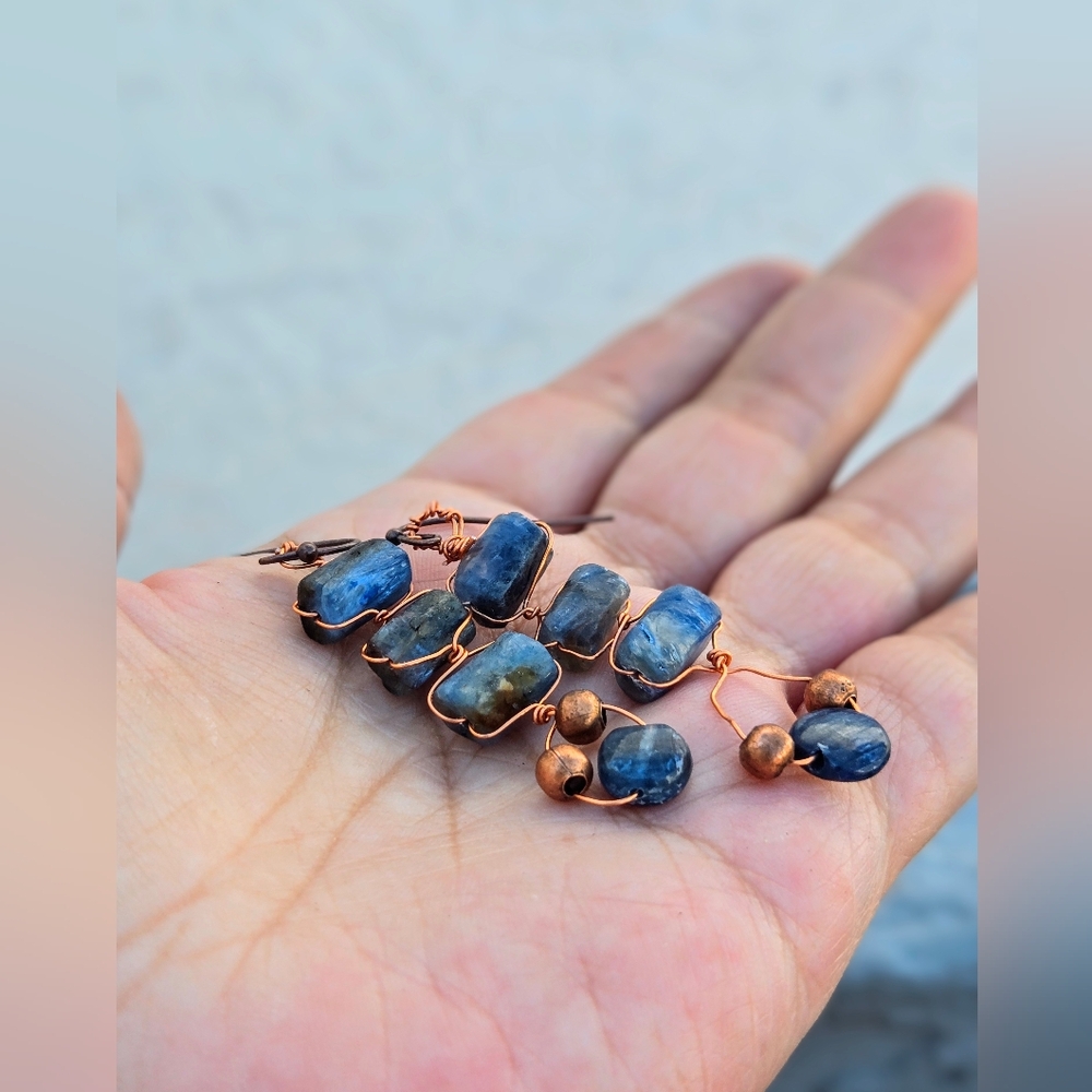 Natural Blue Kyanite Handwoven Ladder In Massai Style Earrings In Antique Copper - Picture 7 of 9